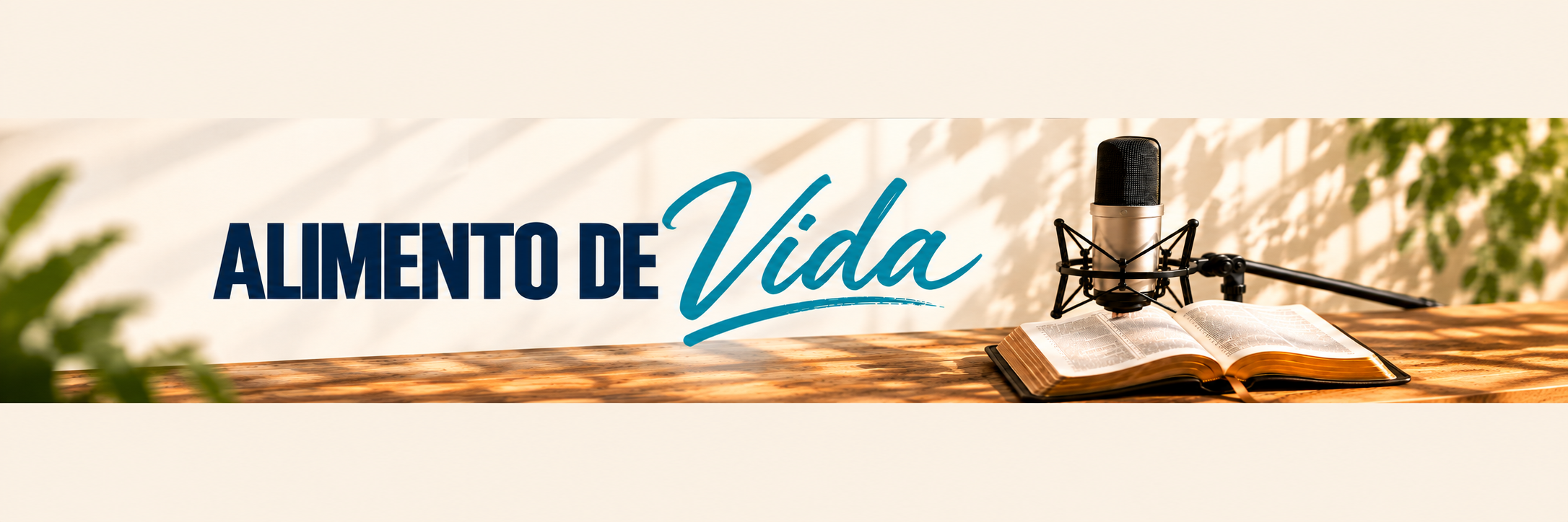 Banner panorámico de Alimento de Vida con micrófono y Biblia abierta